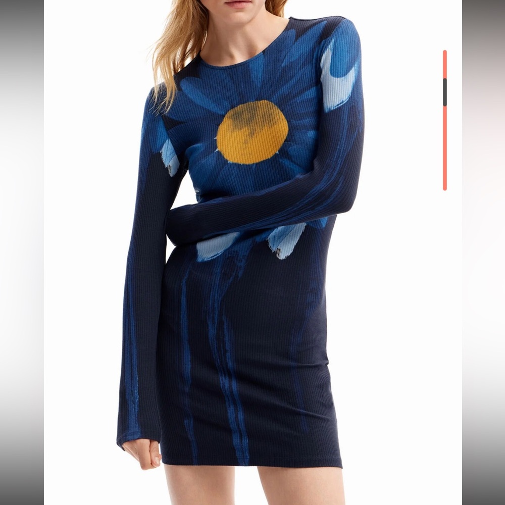 Desigual Navy Blue Floral Mini Dress with Yellow Center